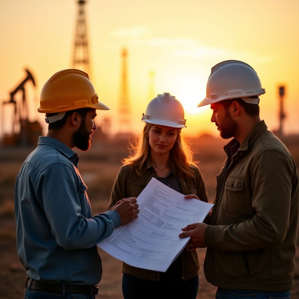 Equipo de ingenieros revisando planos en un yacimiento petrolero