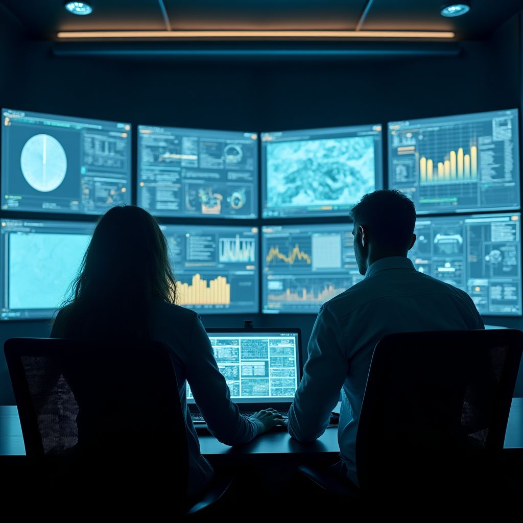Técnicos trabajando en una sala de control moderna