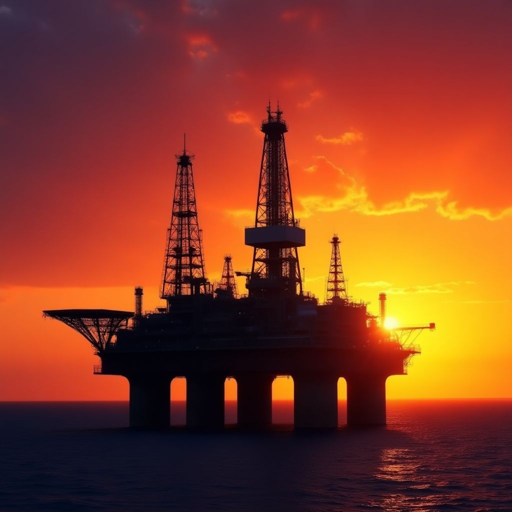 Plataforma de perforación trabajando al atardecer