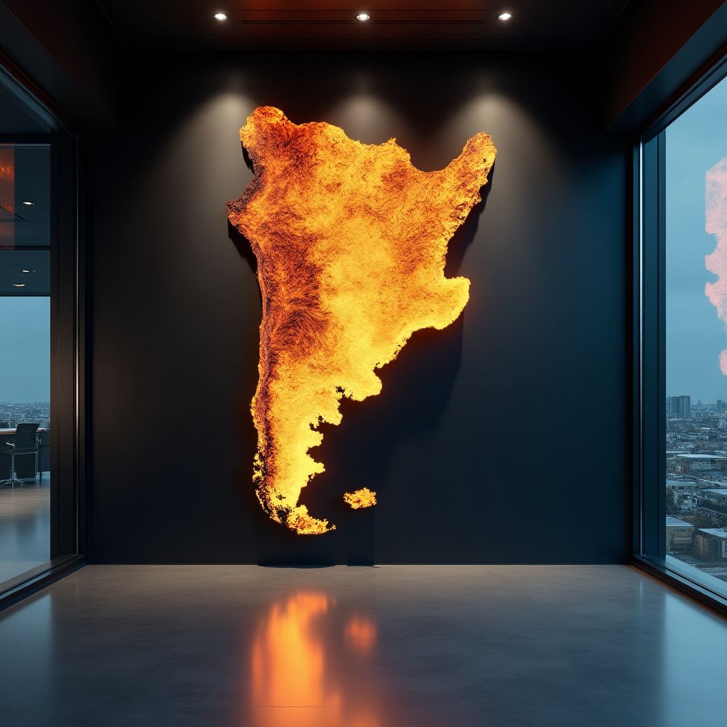 Oficina moderna con un mapa de Argentina en la pared